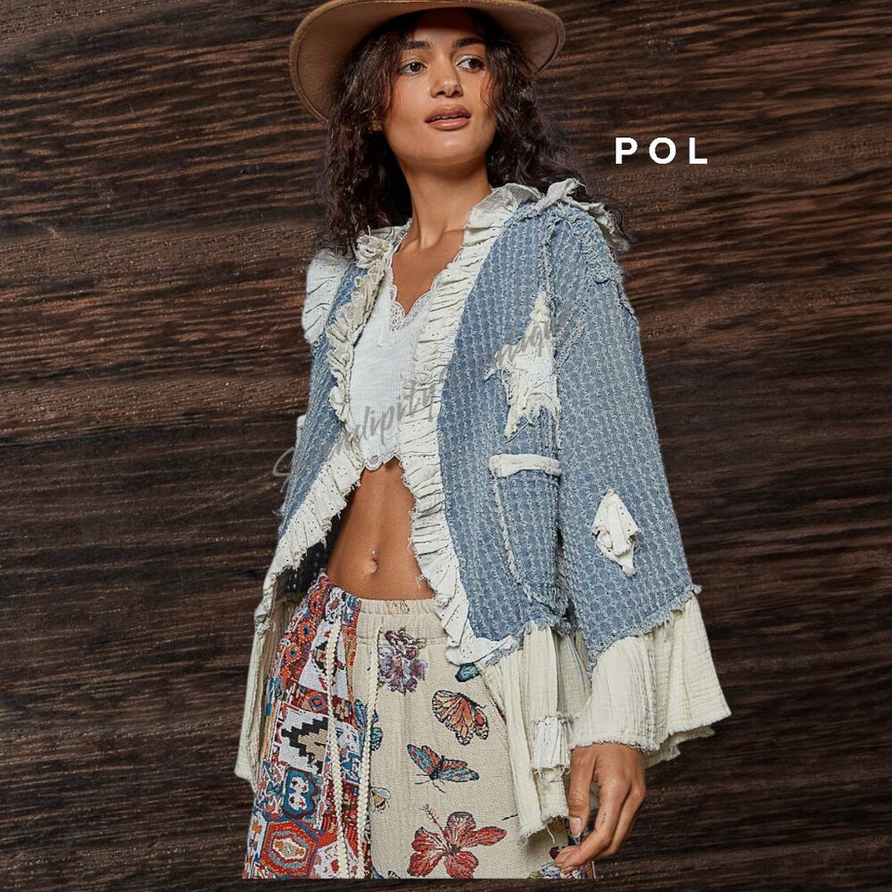 POL Hippie Bohemian Ruffles Denim Stars & Moon Patches Denim Jean Jacket - Picture 9 of 13